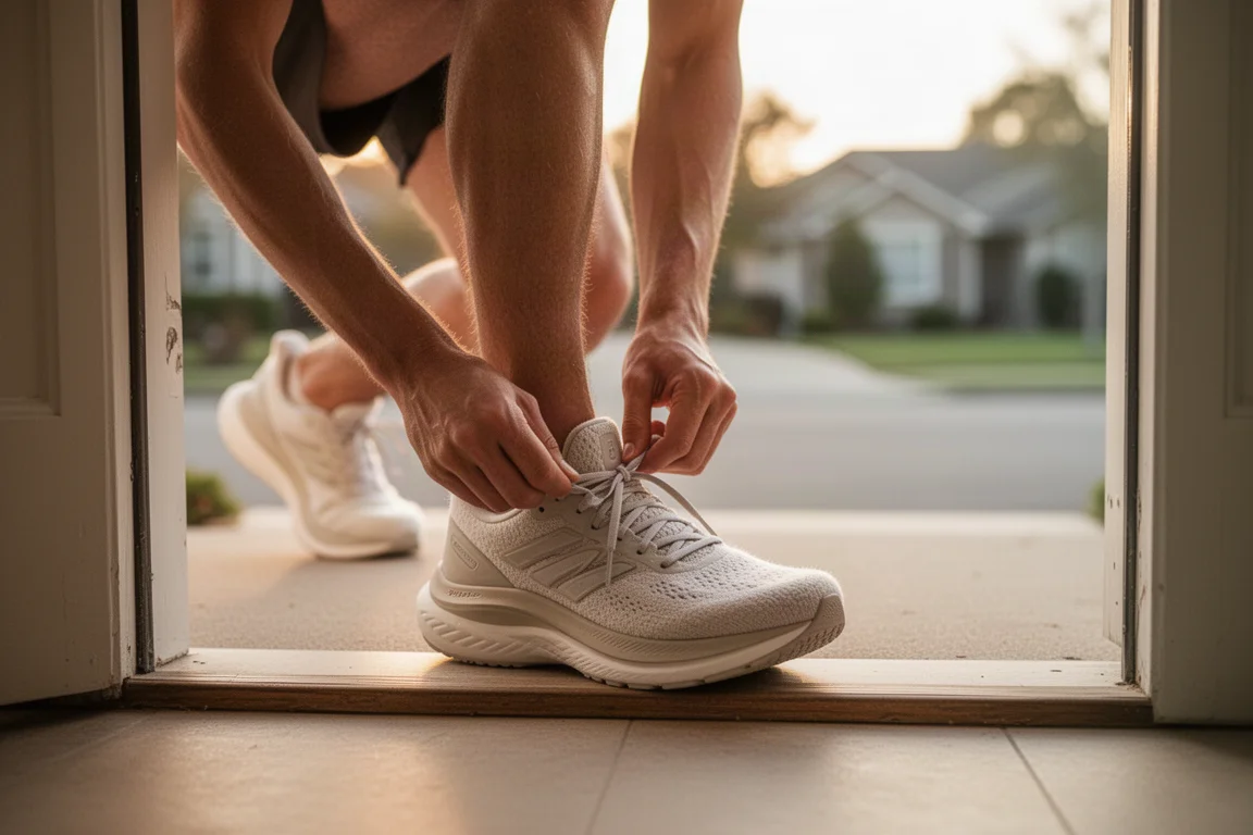 Runner lacing up a cushioned trainer before an easy morning run