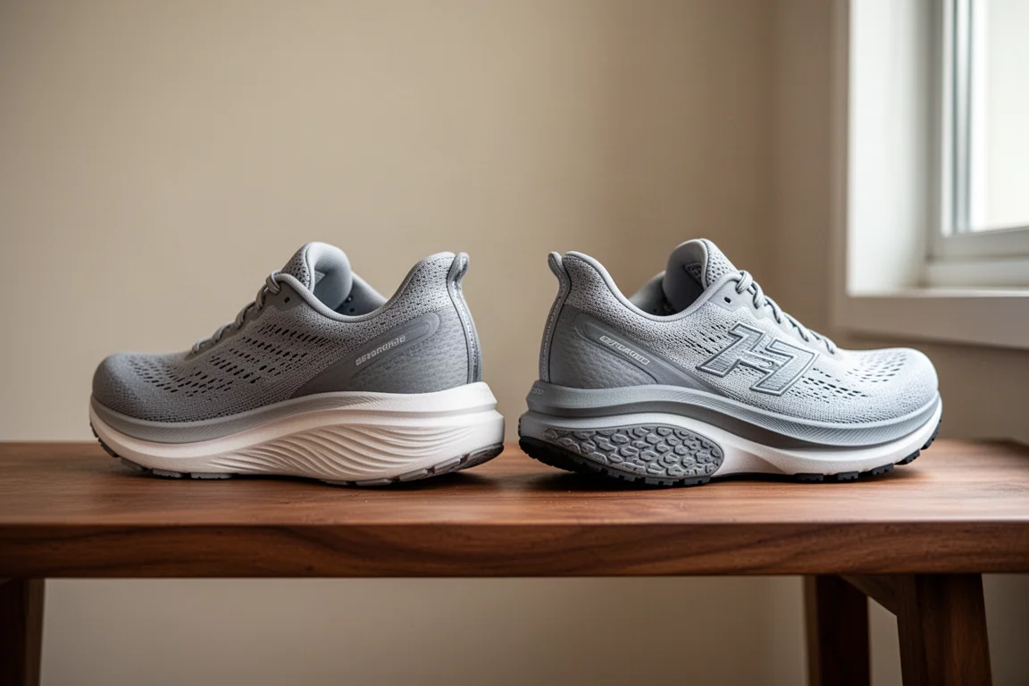 Side-by-side comparison of two running shoe midsoles on a wooden bench