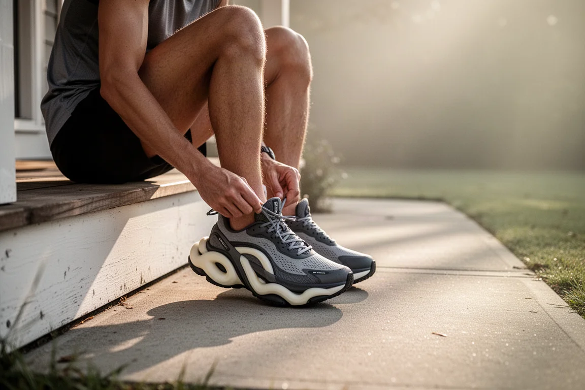 Coureur lacant une chaussure d'entraînement à semelle épaisse sur une véranda dans la douce lumière du matin