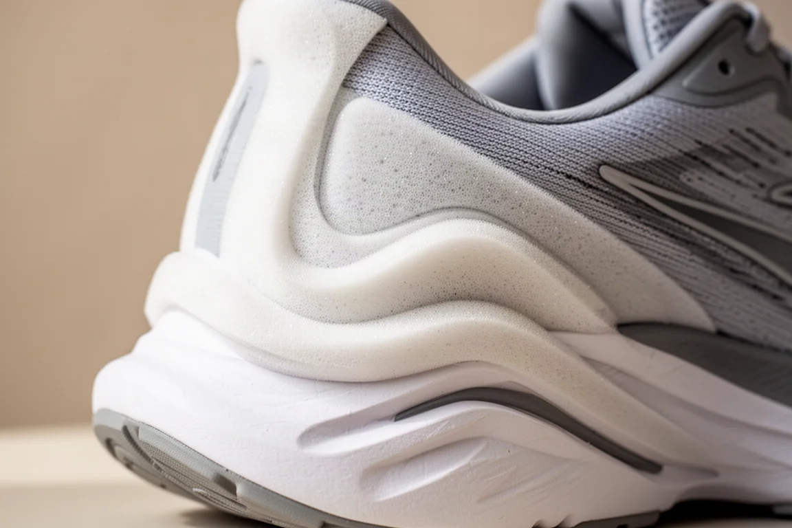 Gros plan sur les flancs de mousse épais enveloppant le talon d'une chaussure de course