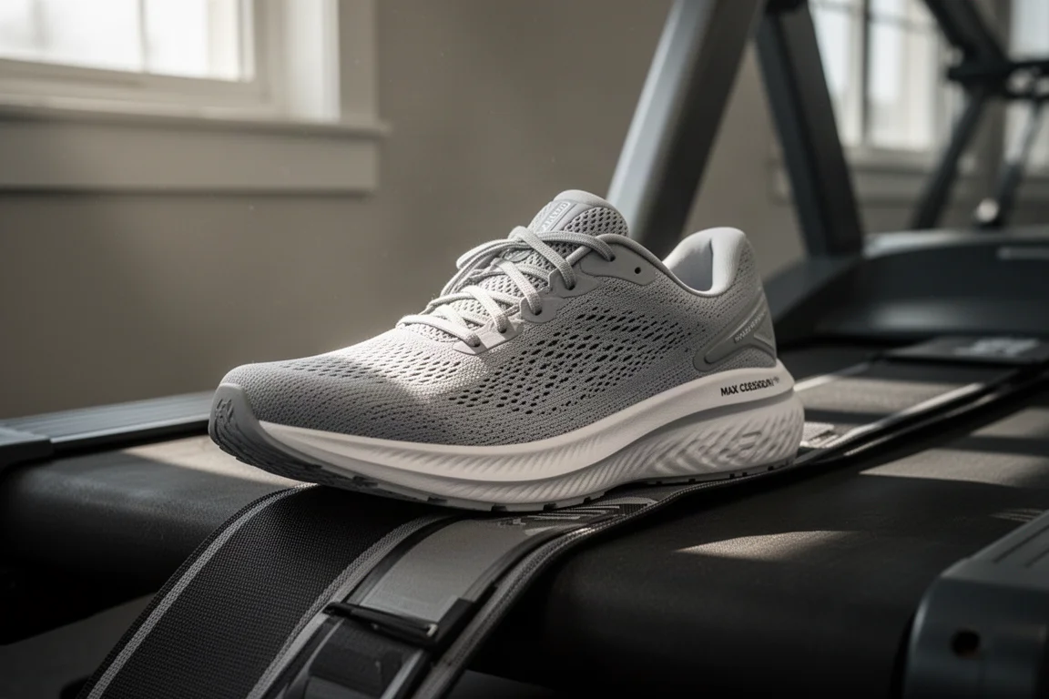 Maximally gedämpfter Laufschuh steht bei weichem Gym-Licht auf einem Laufband