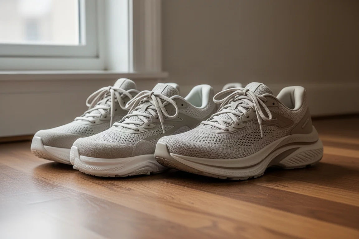 Laufschuhpaar nach dem Laufen nebeneinander auf einem Holzfußboden