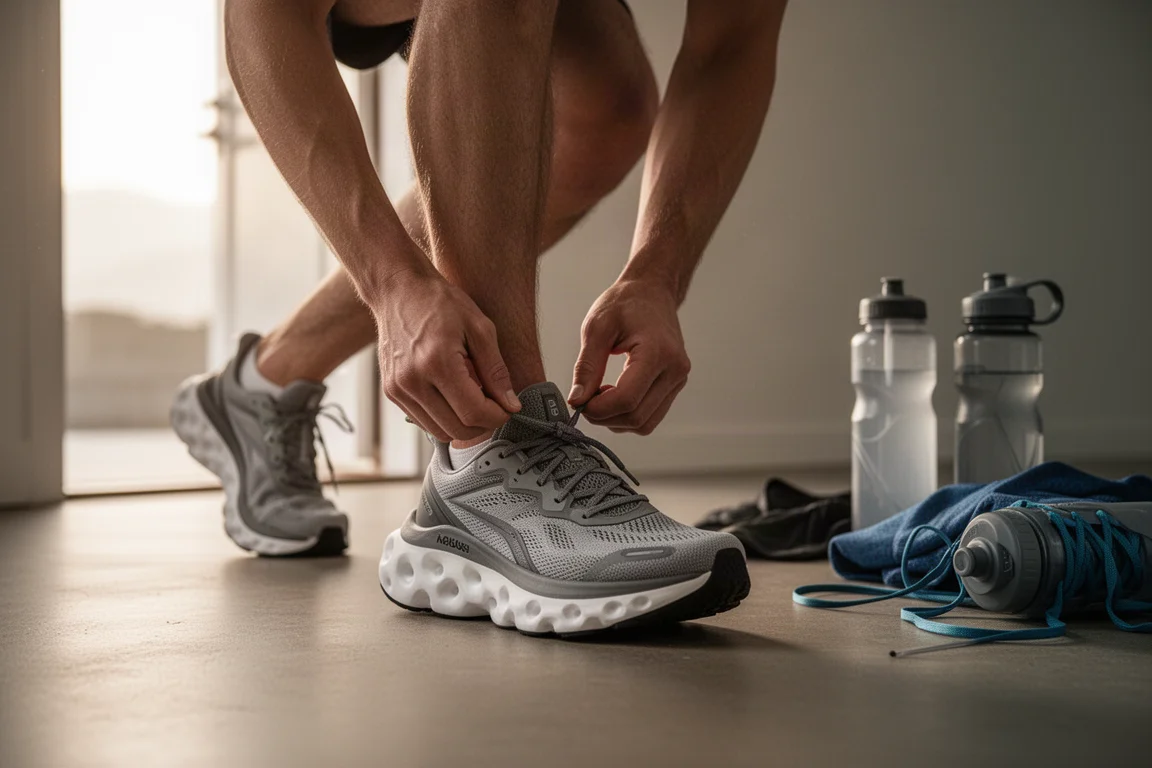 Corredor amarrando os cadarços de um tênis de corrida robusto de amortecimento máximo antes de um treino matinal