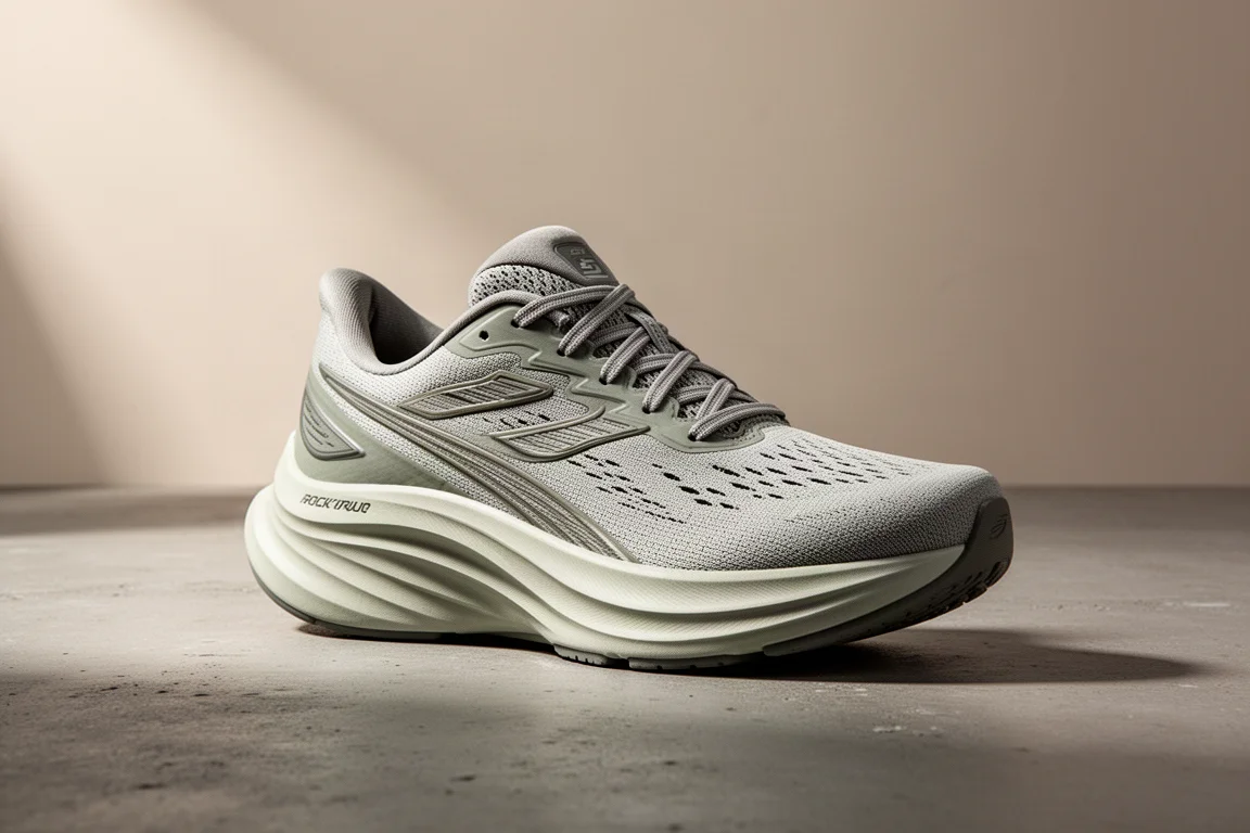 High-stack running shoe on a matte concrete surface