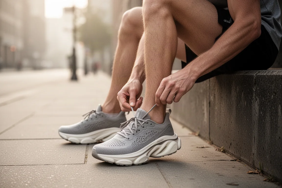 Un corridore allaccia una scarpa da running ad alta ammortizzazione su un marciapiede cittadino alla luce del mattino