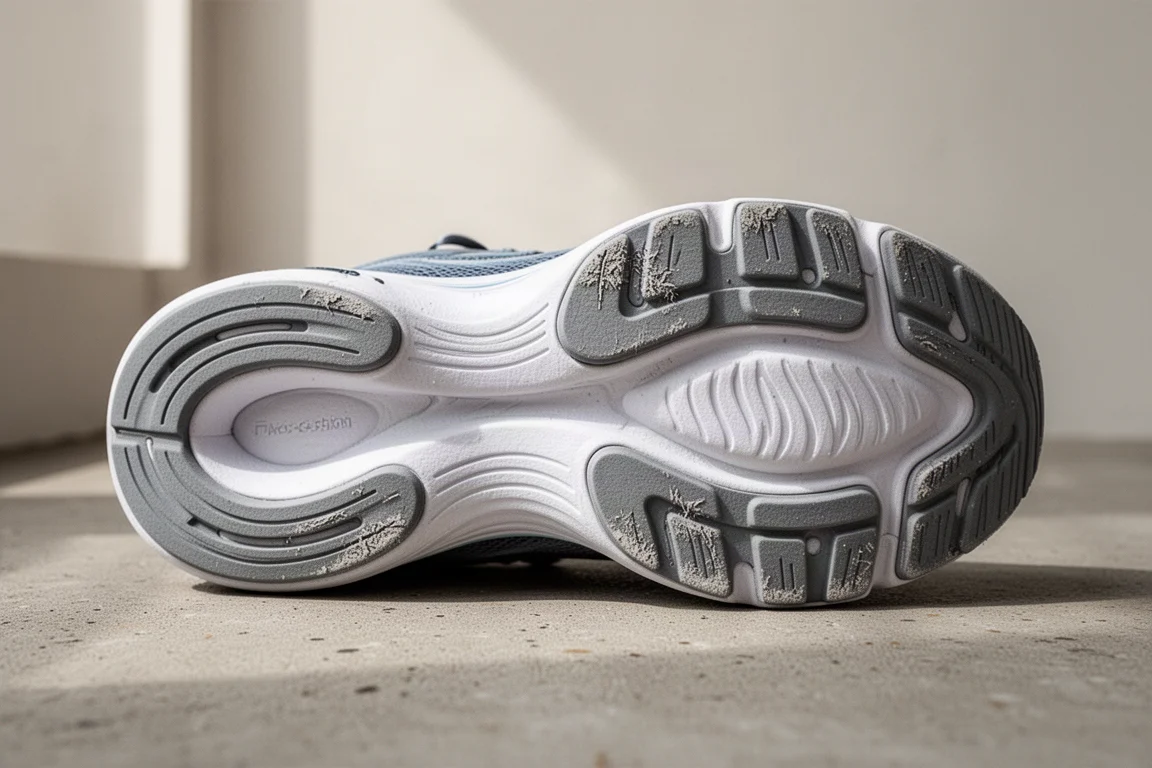 Primo piano di una suola di scarpa da running con pattern di usura sul tallone e sull'avampiede