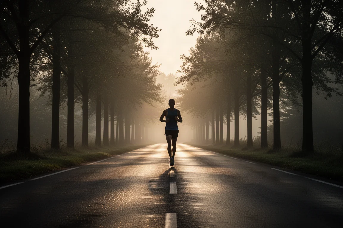Un corridore su una strada silenziosa all'alba durante una corsa lunga