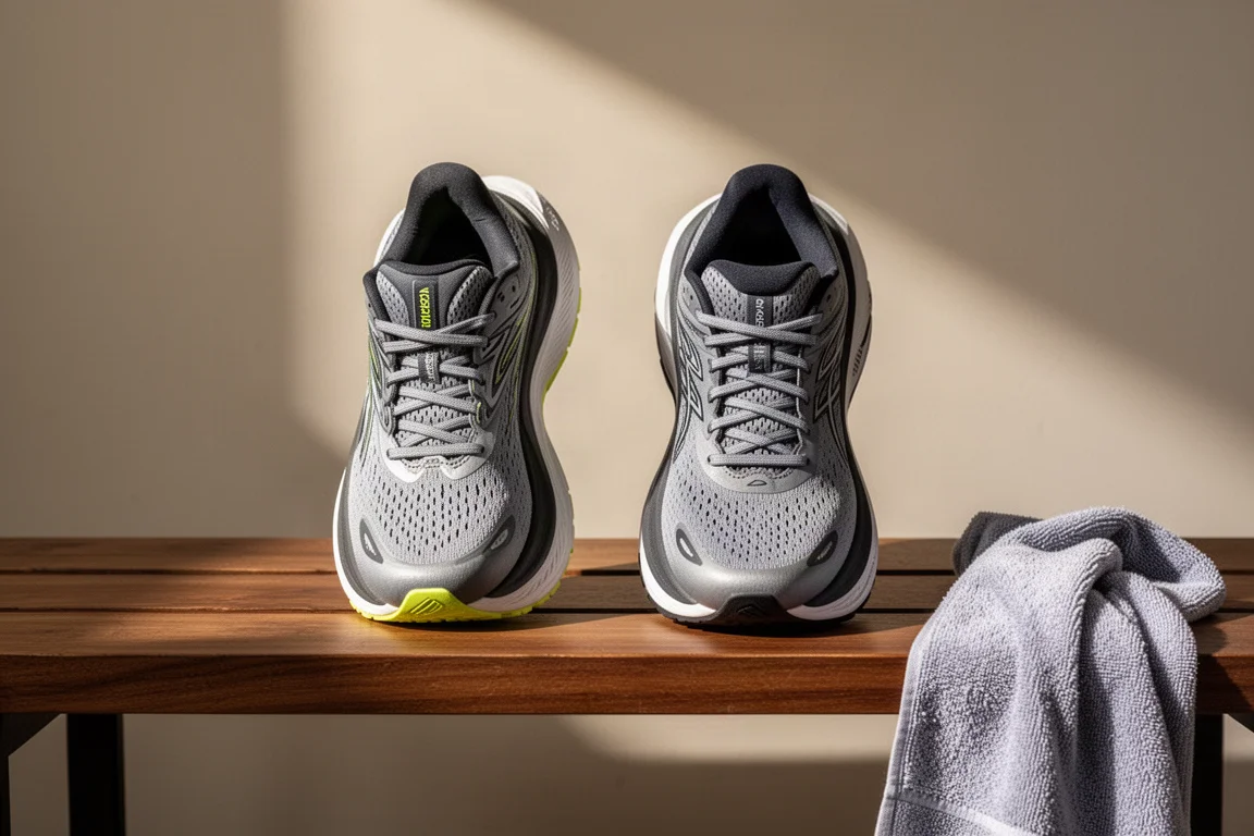 Coppia di scarpe da running affiancate su una panchina di legno dopo una corsa