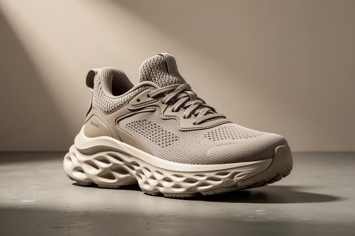 Tall max-cushion running shoe with thick Nitro foam midsole on a concrete surface