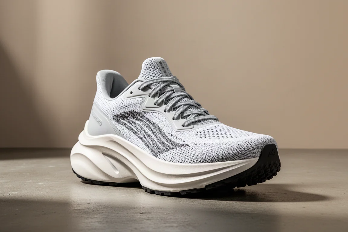 Tall cushioned running shoe with thick foam midsole on concrete surface
