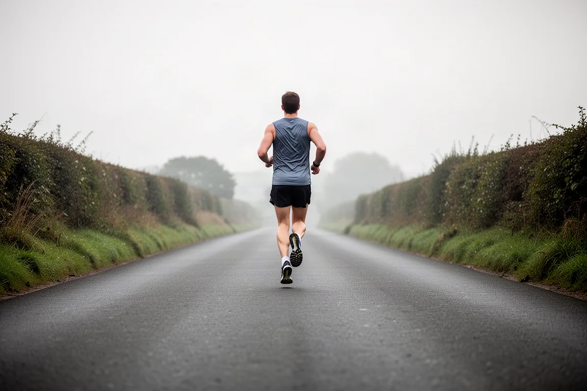 Coureur sur une route bitumée calme par une douce matinée