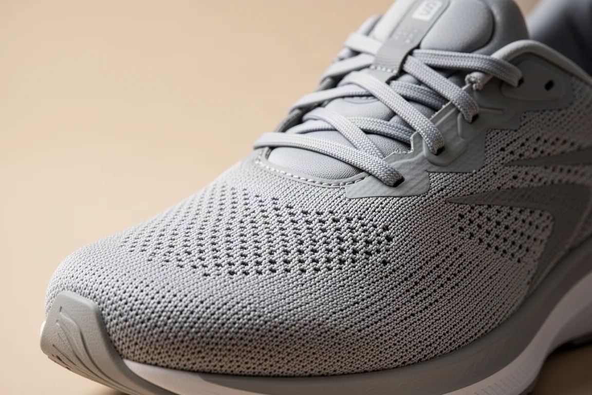 Gros plan sur un embout tricot extensible sur la tige d'une chaussure de running