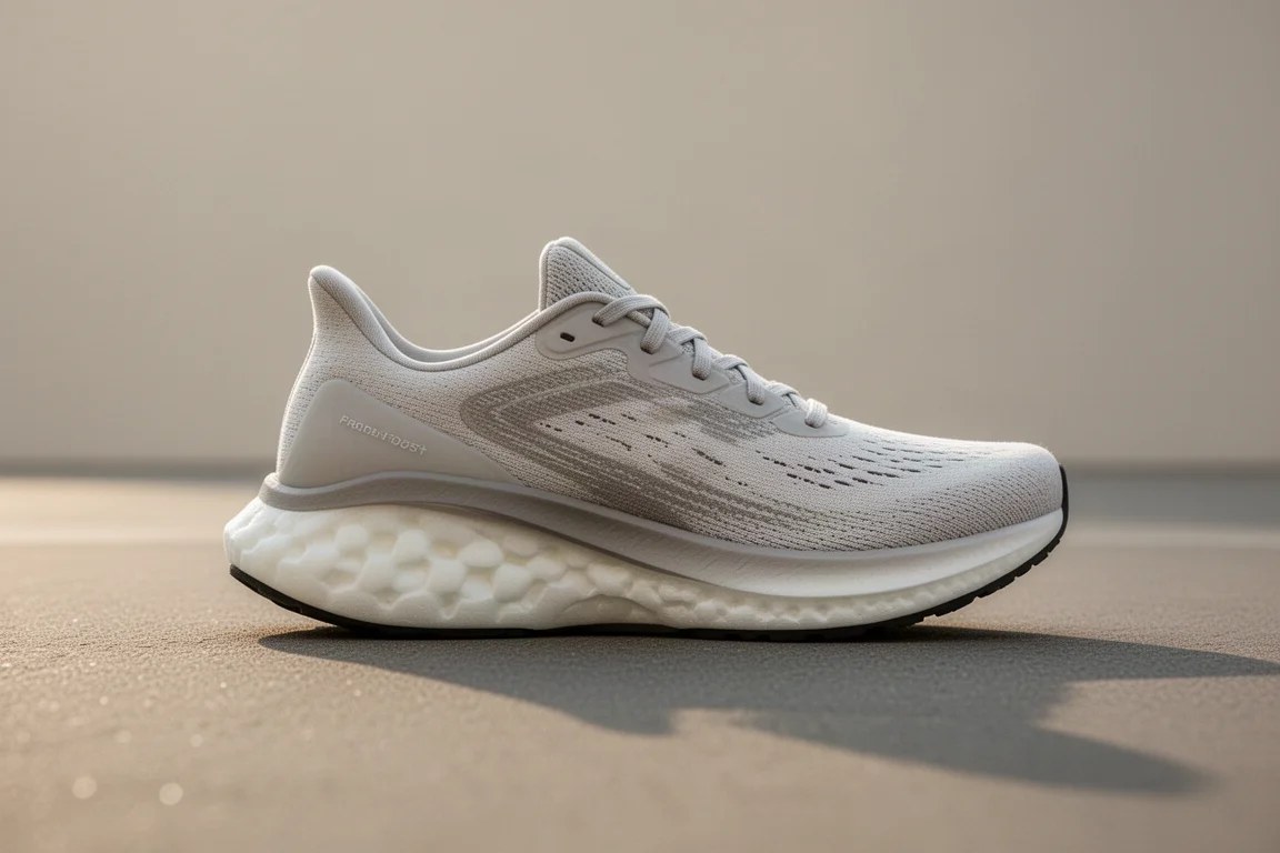 Semelle intermédiaire épaisse et amortie d'une chaussure de running fléchissant sur le bitume