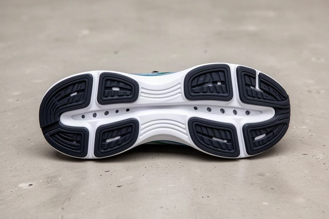 Semelle extérieure d'une chaussure de running avec du caoutchouc en quatre segments d'angle