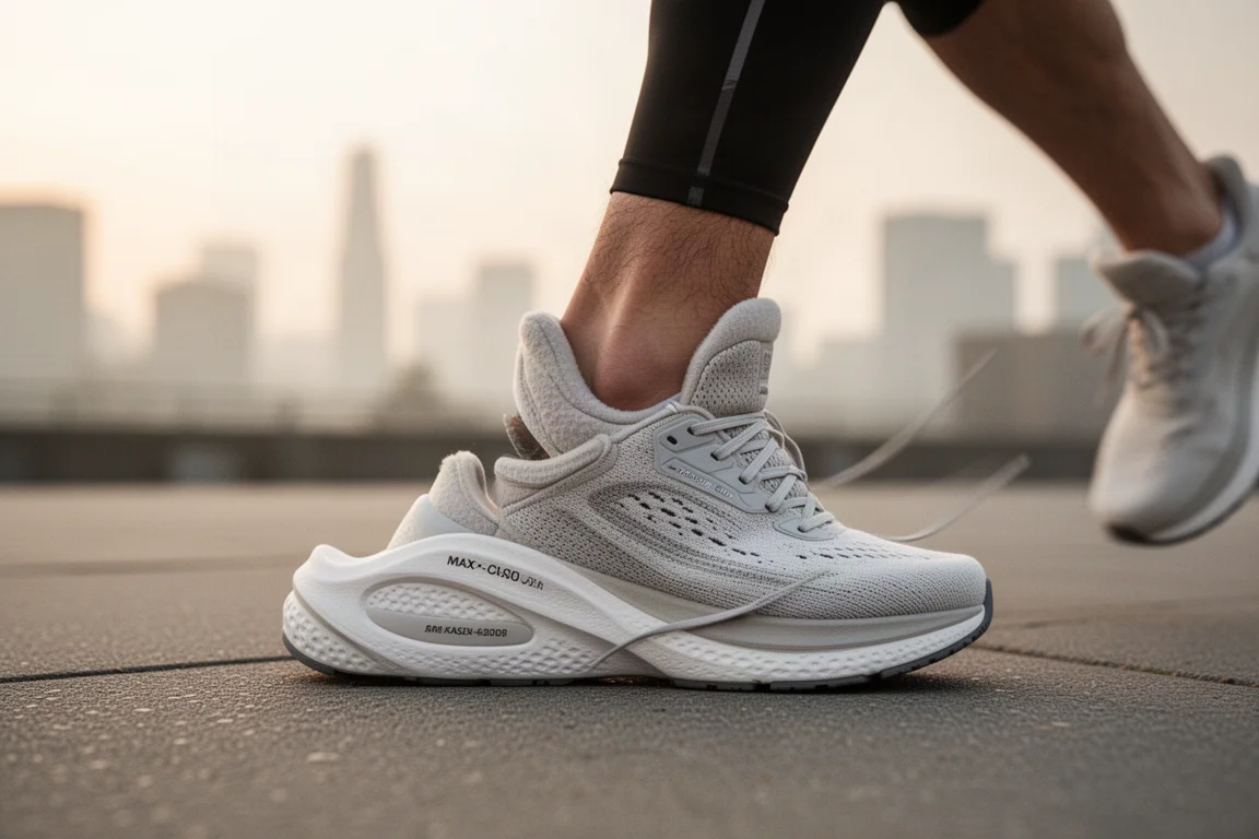 Runner lacing up a max cushion running shoe on a city pavement