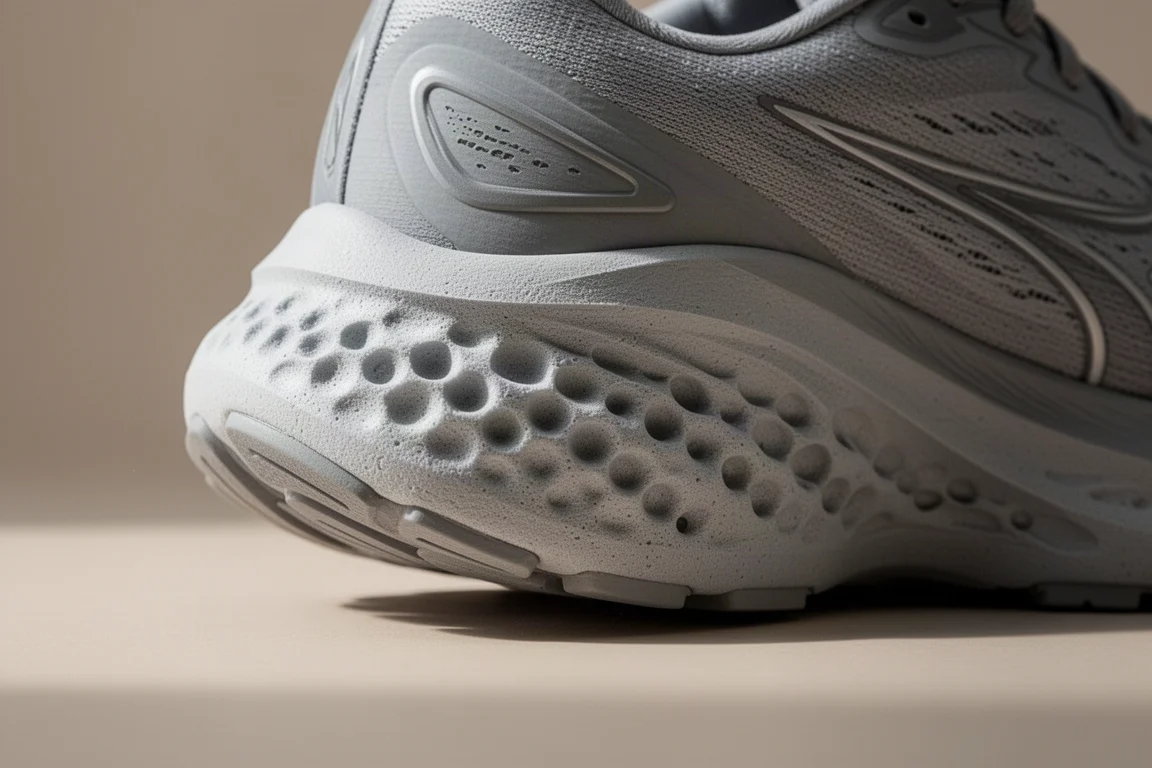 Running shoe midsole foam compressing under pressure