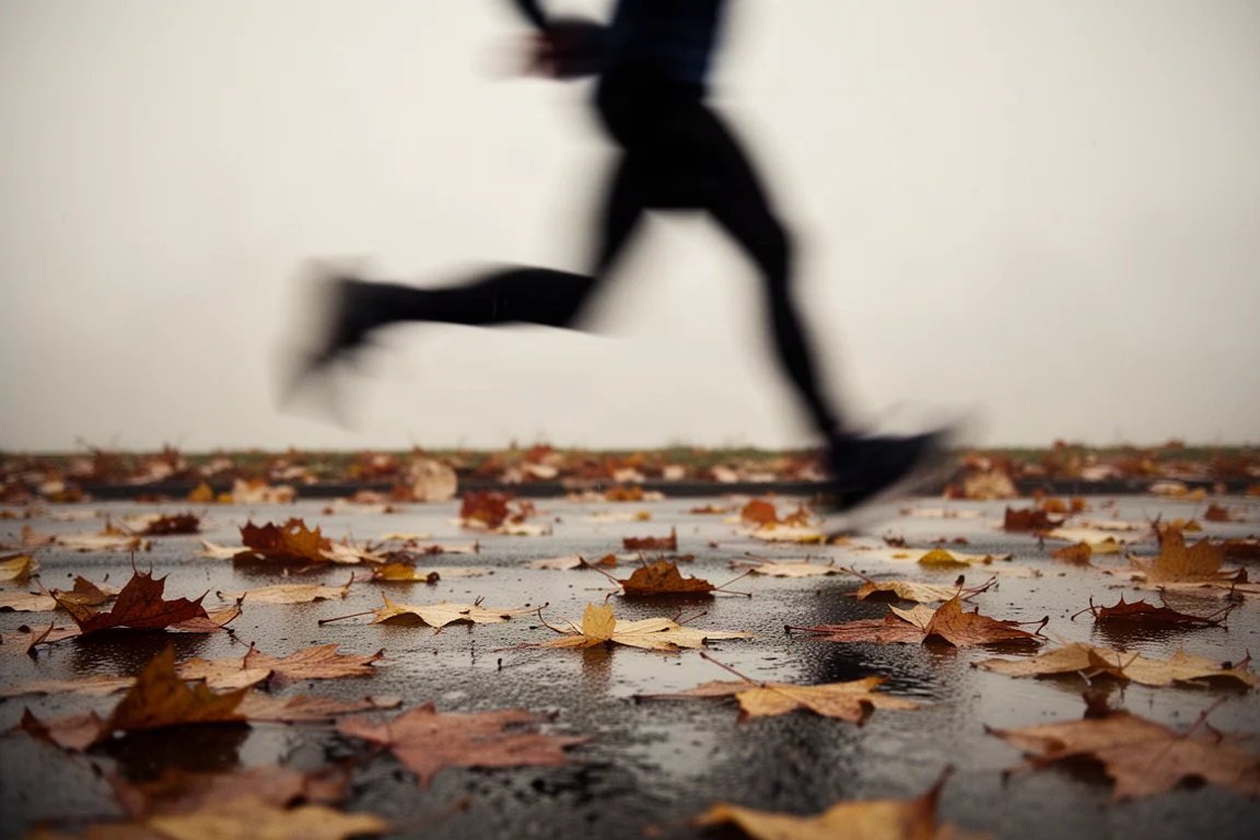 Wet autumn pavement covered in fallen leaves