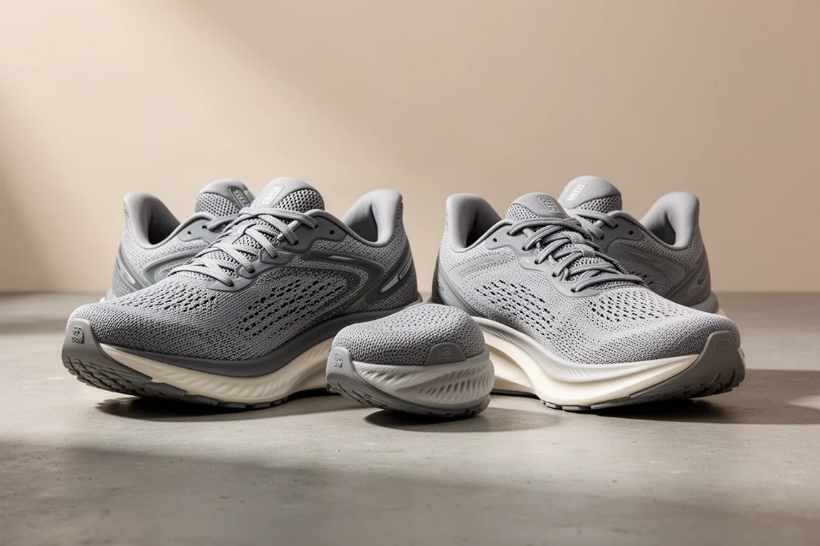 Puma Magnify Nitro 2 and New Balance 1080 v13 running shoes side by side on concrete
