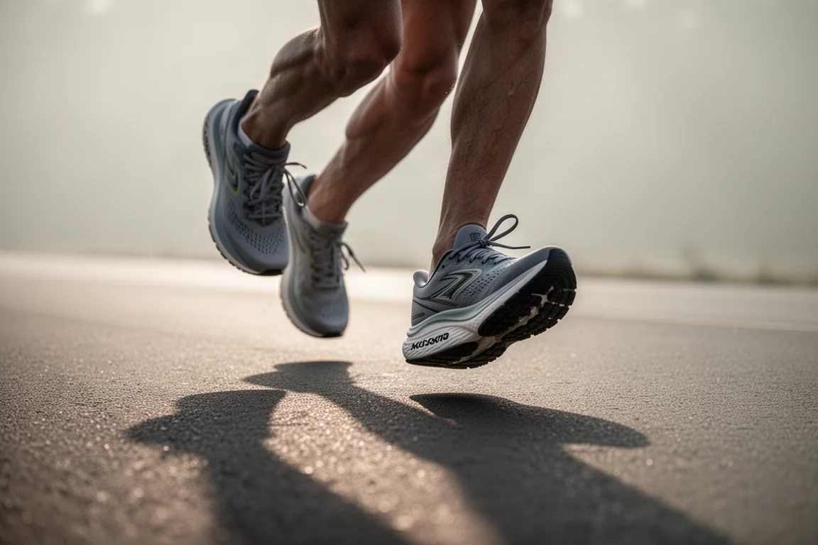 Piedi di un runner con scarpe da running ammortizzate su un sentiero asfaltato nella soffice luce del mattino