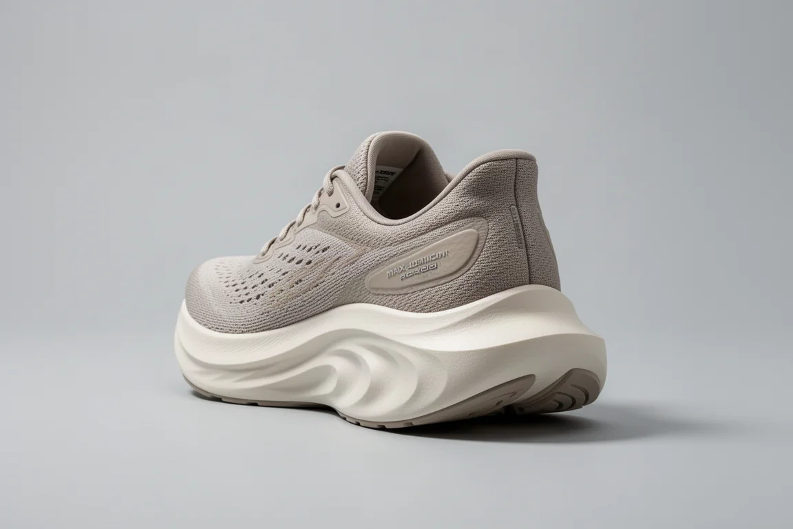 Scarpa da running dalla base larga vista da dietro per mettere in evidenza la piattaforma ampia