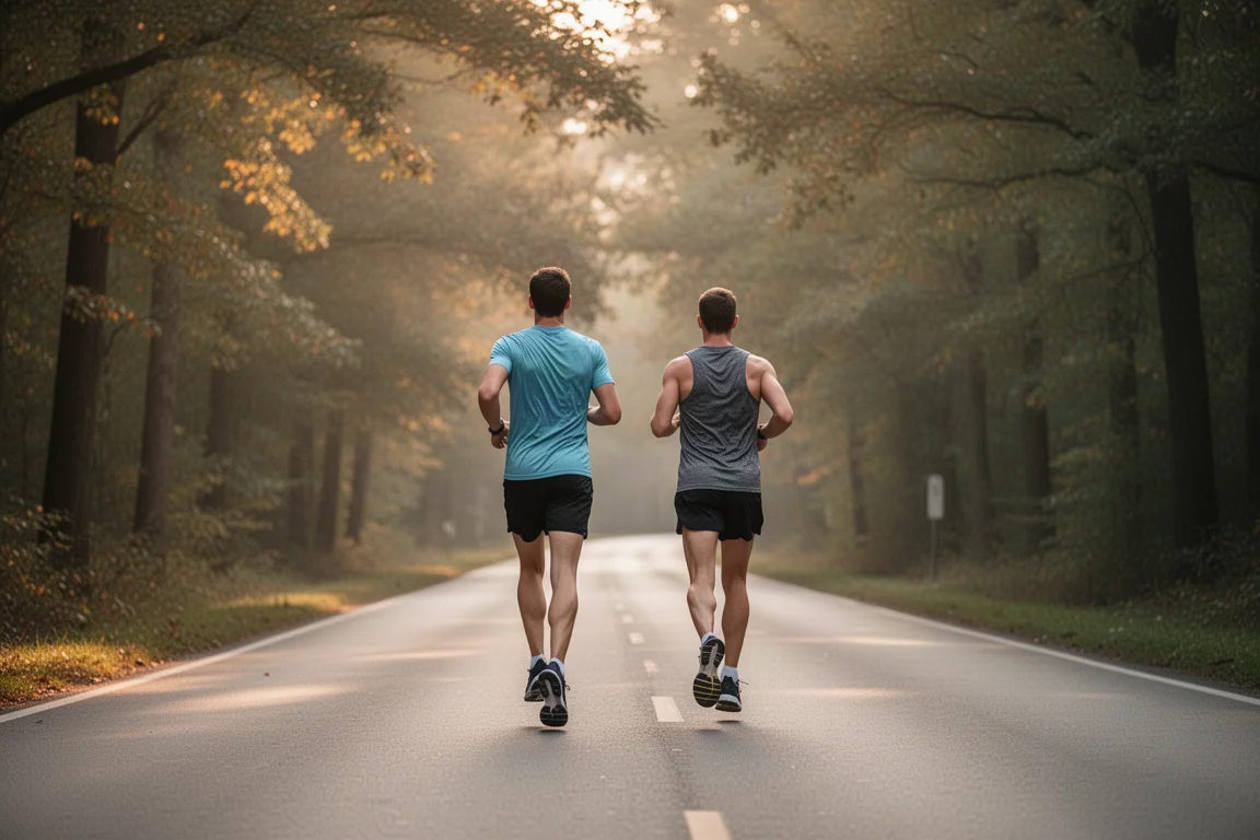 Due runner che insieme percorrono chilometri tranquilli su una strada silenziosa alberata