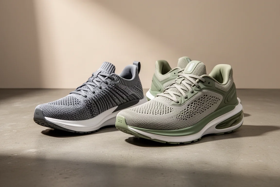 Two max cushion running shoes side by side on a concrete floor