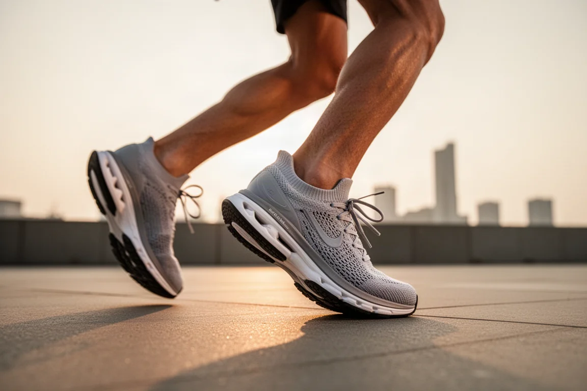 Hardloper die de veters van gecushionde hardloopschoenen strikt voor een rustige training
