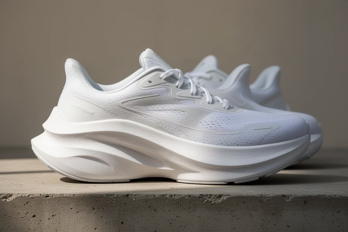Close-up van dik midsole-schuim van een hardloopschoen dat wordt gebogen
