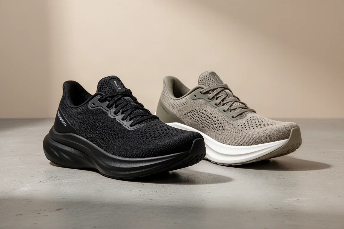 Two max-cushion road running shoes side by side on a concrete surface