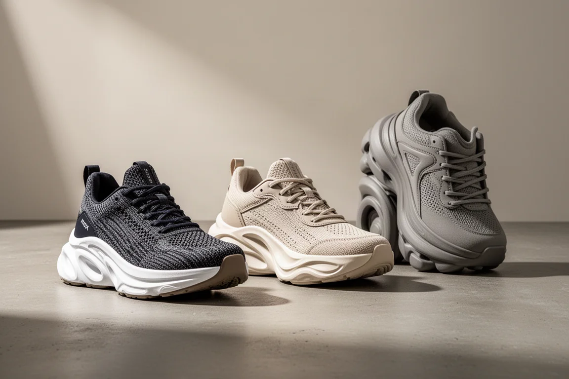 Three high-stack max cushion running shoes on a concrete surface