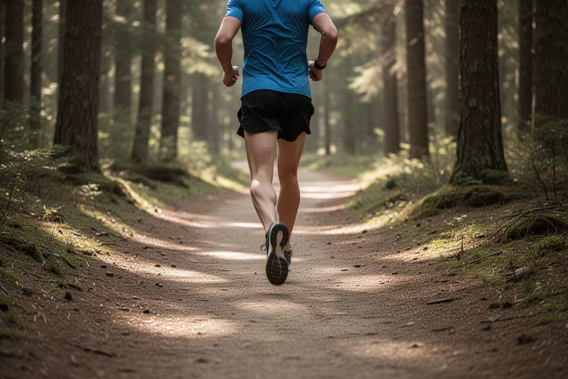 Hardloper begint aan een rustige run op een bospad in zacht zonlicht