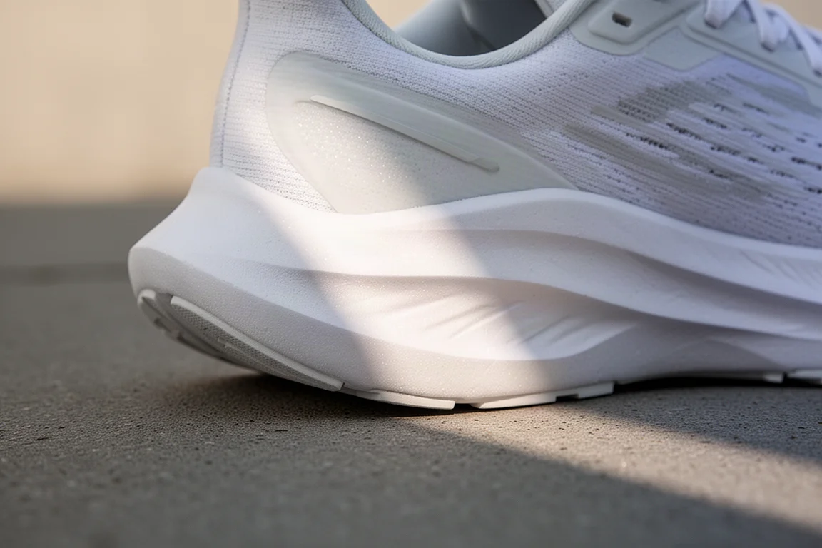 Close-up of a thick foam midsole on a max cushion running shoe resting on smooth pavement