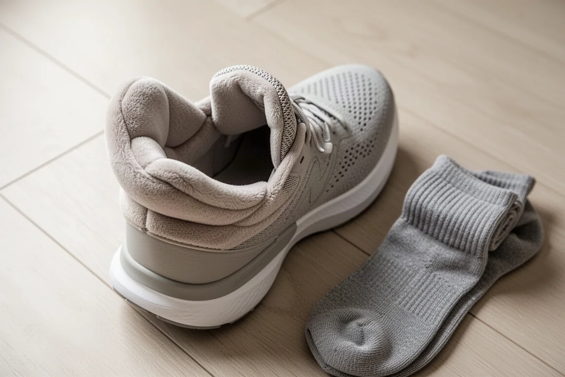 Runner's foot slipping into a plush padded running shoe heel collar
