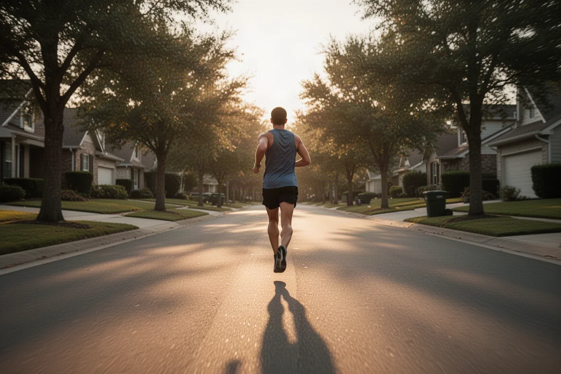 Runner in soft motion on a tree-lined suburban road at golden hour