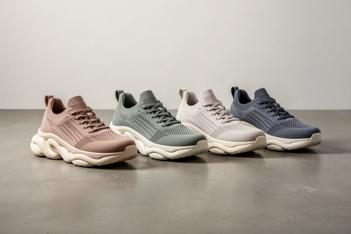 Four max cushion running shoes arranged side by side on a concrete floor