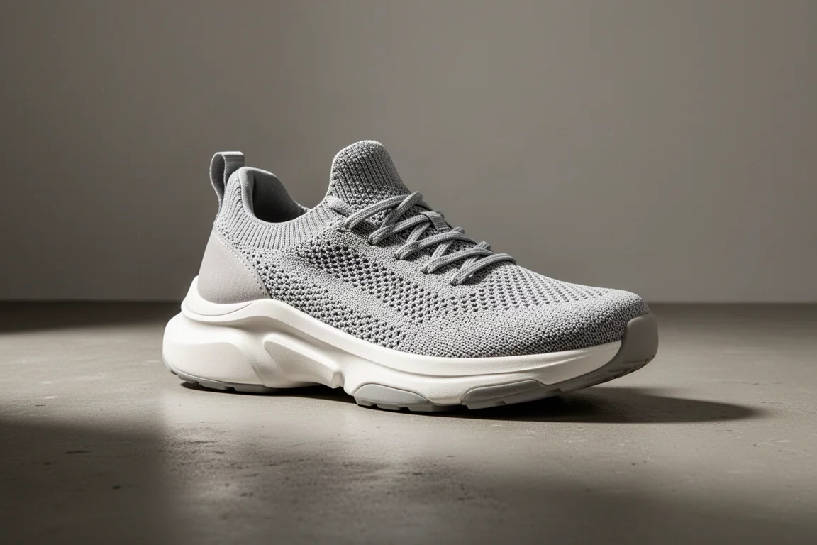Max cushion running shoe with thick foam midsole on a concrete surface