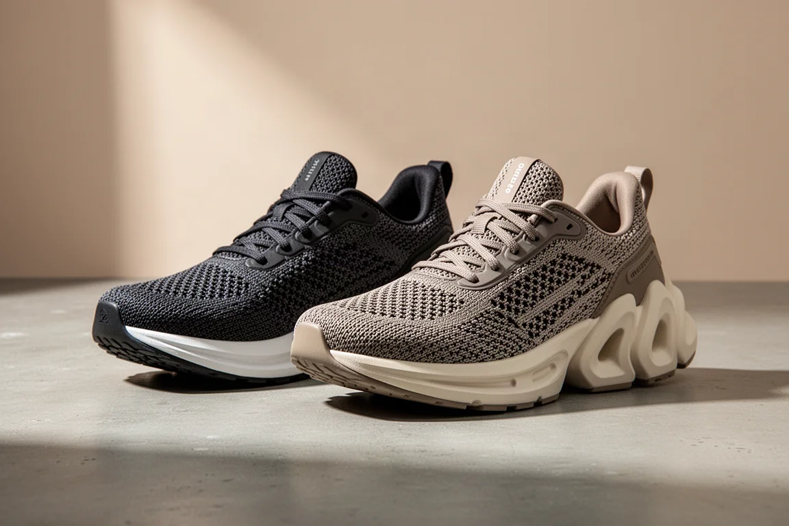 Two cushioned running shoes side by side on a concrete surface