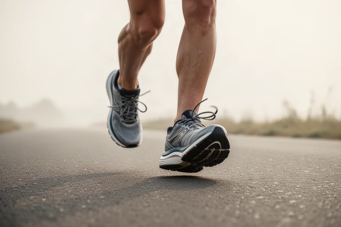 Füße eines Läufers mitten im Schritt auf einer ruhigen Asphaltstraße bei einem lockeren Trainingslauf