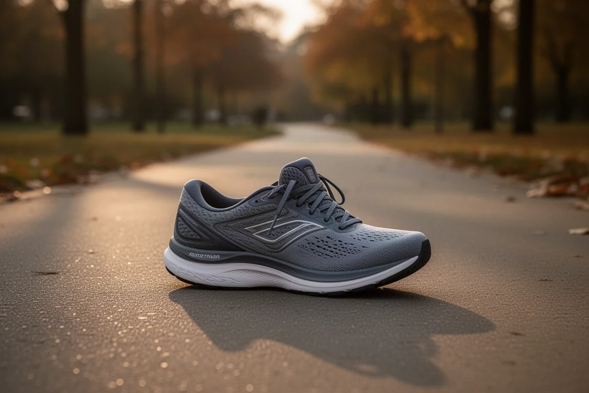 Gedämpfter Laufschuh liegt in der Abenddämmerung nach einem langen lockeren Lauf am Boden