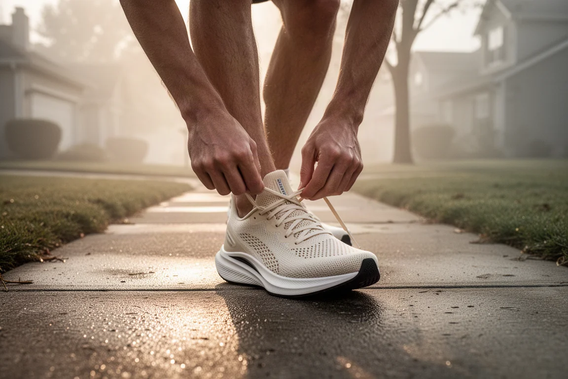 Un corredor se ata los cordones de un entrenador diario ligero en una acera suburbana con calor a primera hora de la mañana