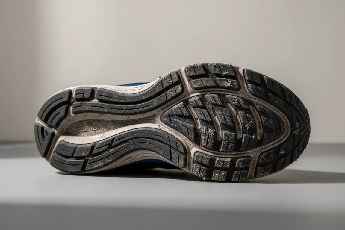 Suela exterior de una zapatilla de running que muestra el desgaste del caucho tras muchas millas