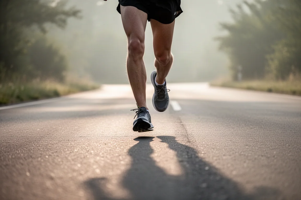 Un coureur lacent une chaussure de running au confort moelleux sur une route calme de banlieue