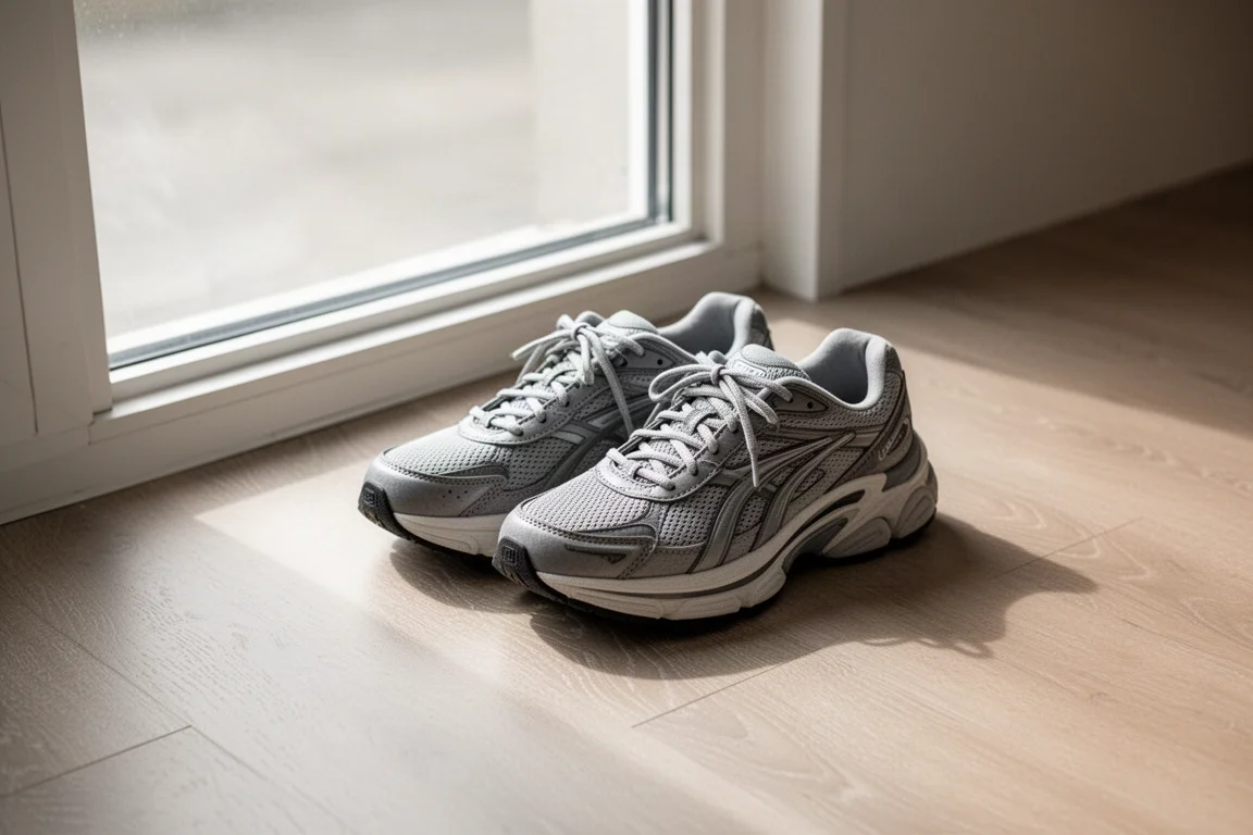 Chaussures de running amorties posées près d'une porte d'entrée, prêtes pour un run facile