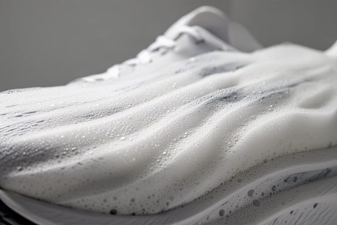 Expanded supercritical foam midsole beads close-up on running shoe