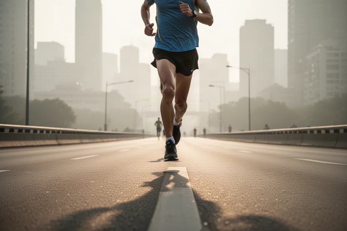 Marathon runner settling into steady pace on open city road