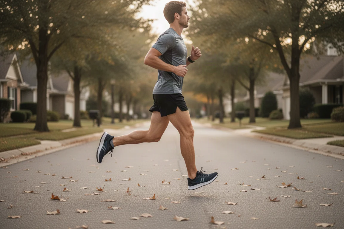 Runner cruising comfortably along a quiet suburban road