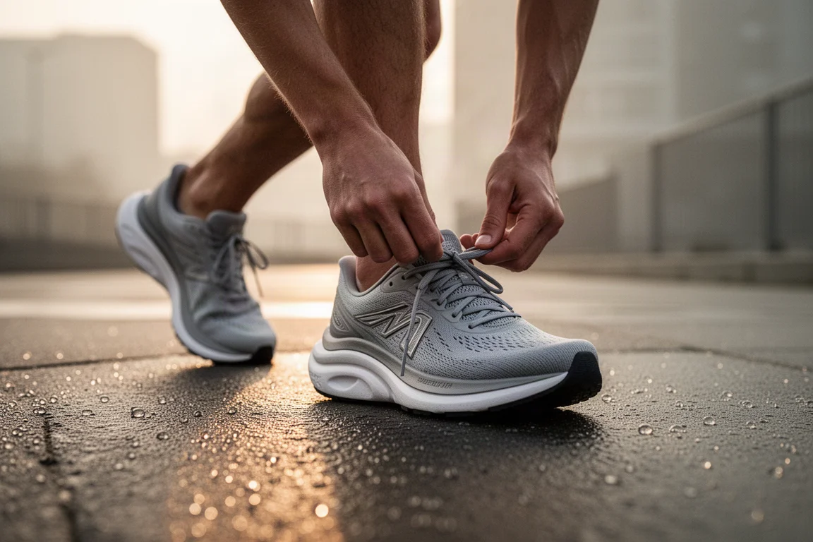 Runner lacing up a cushioned running shoe on an urban pavement at dawn