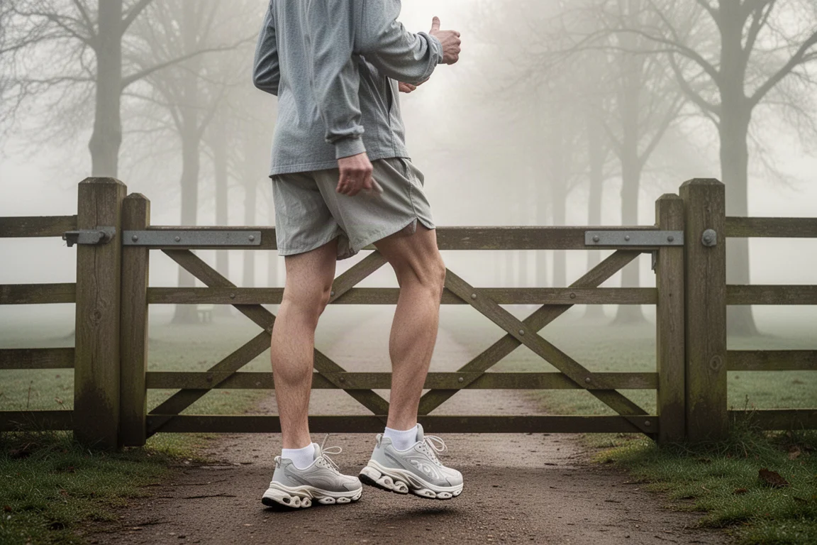 Runner stretching at a park gate before a long, easy run