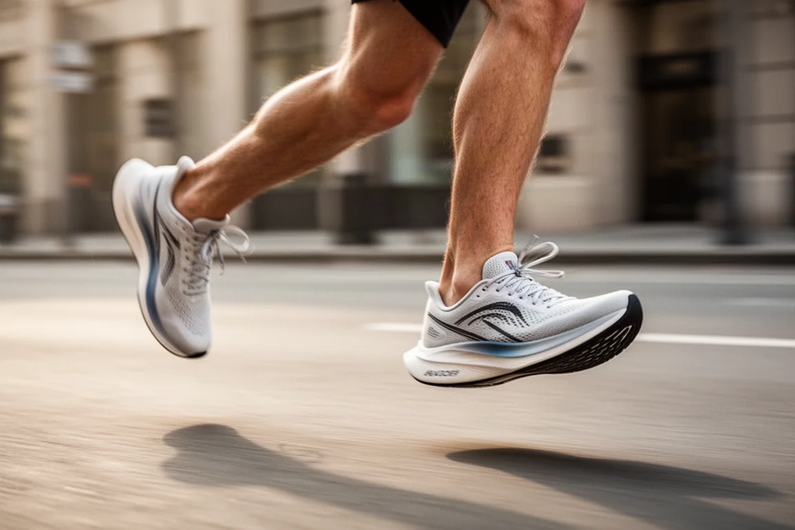 Runner's feet mid-stride on a city street during a fast session