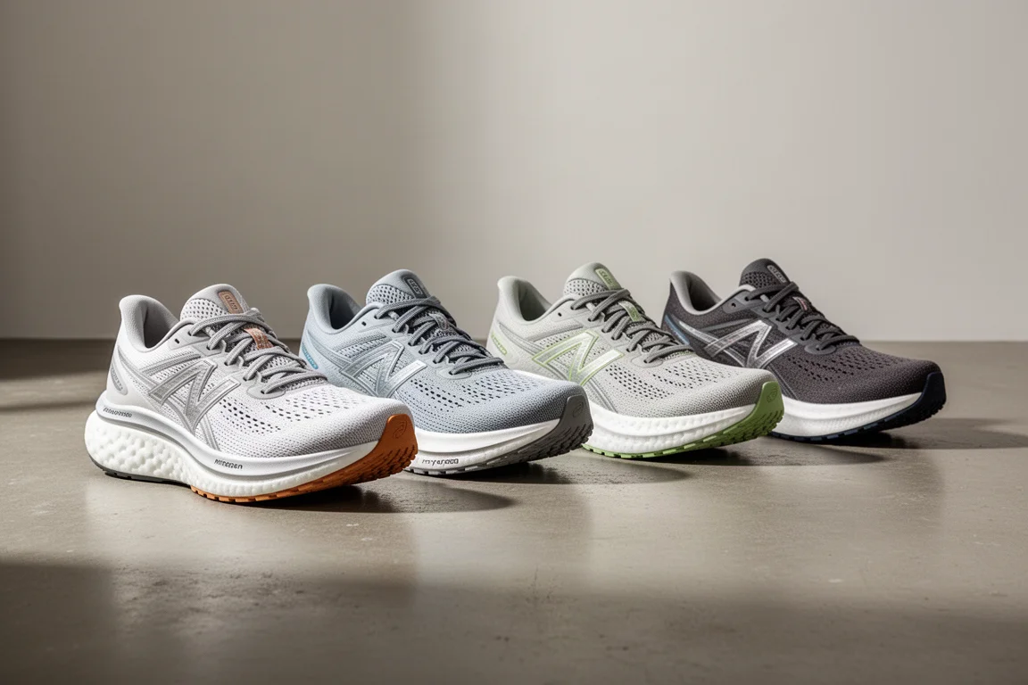Five Puma Nitro running shoes lined up on a concrete studio floor